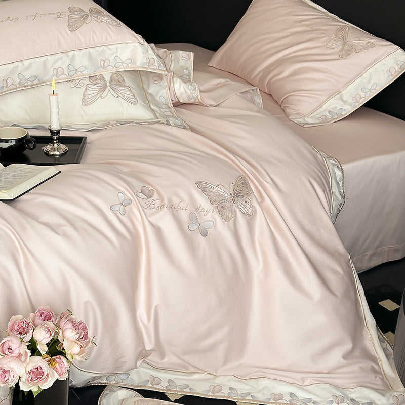 Satin-Gefühl Bestickte Schmetterling Bettbezug Bettwäsche Set