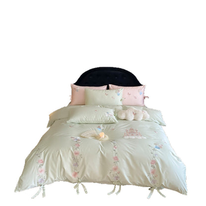 Besticktes Baumwollsatin Bettwäsche Set mit Schloss- und Hasenmuster und Schleifen-Kissenbezügen