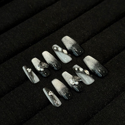 Künstlerisches Ombre Press-On Nagelset mit Edelsteinakzenten