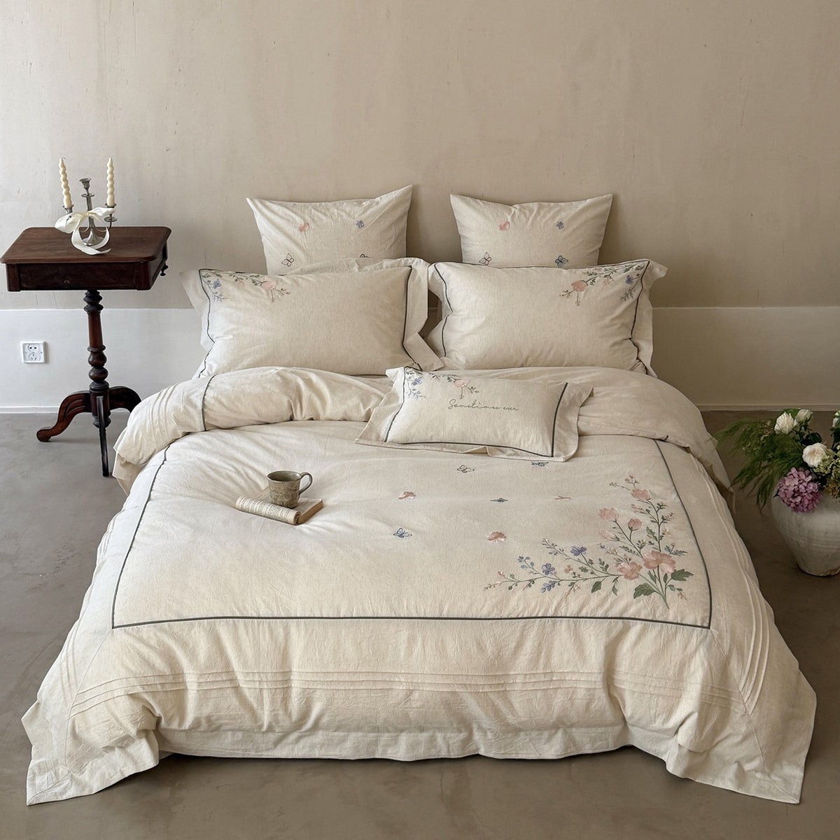 Naturlinen Bestickte Botanische Bettbezug Set mit Handgezeichnetem Vogelmotiv
