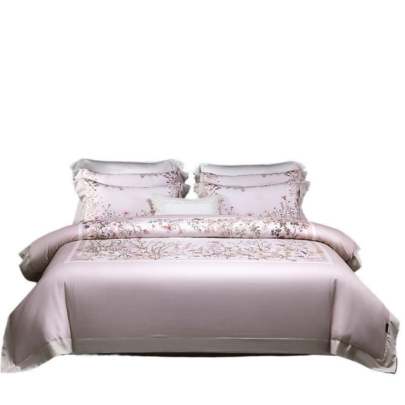 Luxe Satin-Feel Floral Mittel-Panel Bettbezug Set mit Gerolltem Bolster & Euro Kissenbezügen