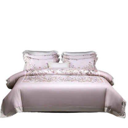 Luxe Satin-Feel Floral Mittel-Panel Bettbezug Set mit Gerolltem Bolster & Euro Kissenbezügen
