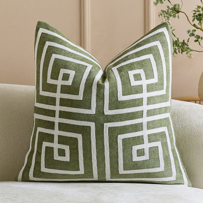 Geometrisch bestickter Baumwoll-Leinen Quadrat Sofakissenbezug mit erhöhtem Chenille Labyrinth Applikation