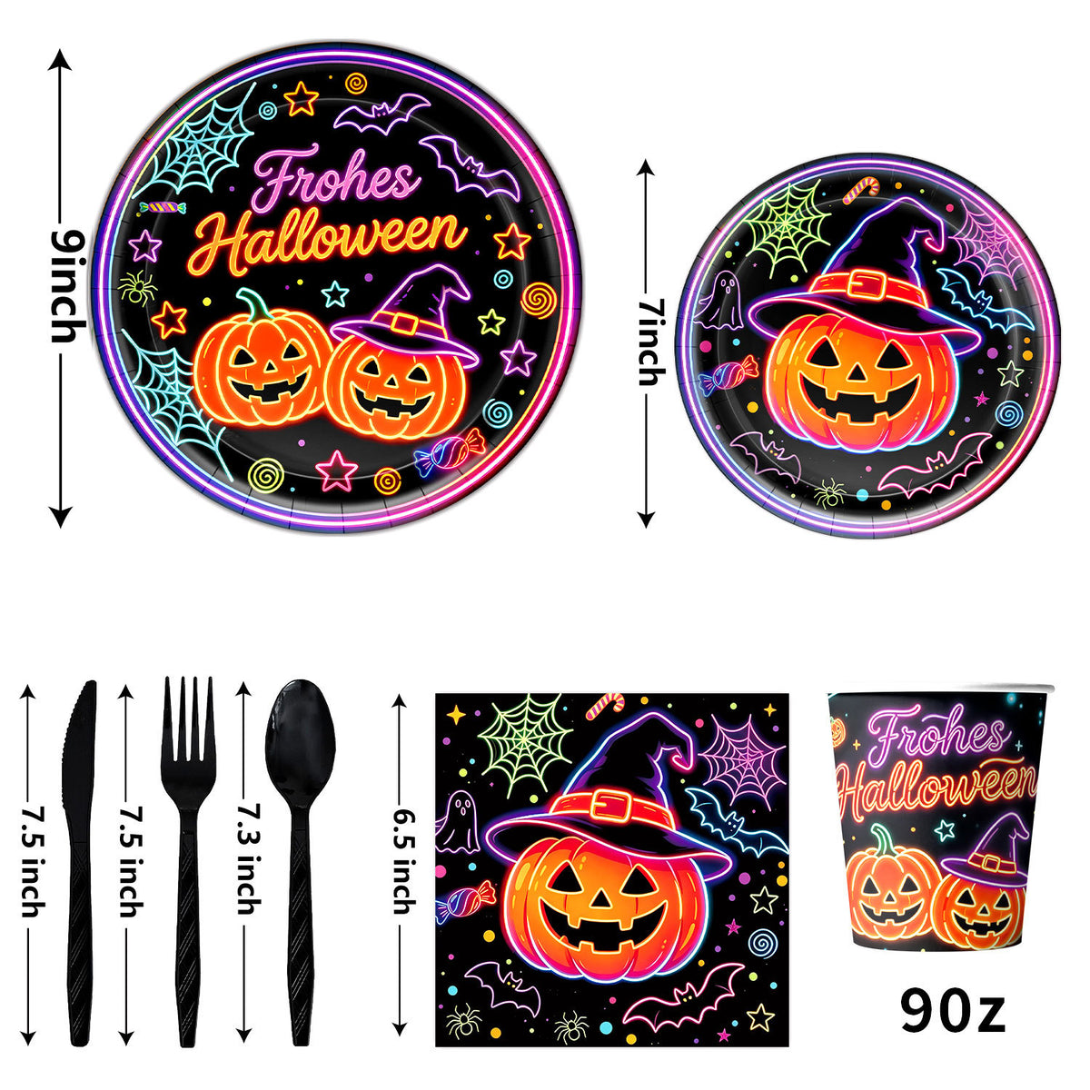 Komplettes Halloween-Party-Tischdekor-Set mit Neon-Kürbisdesign Einweggeschirr und Girlande