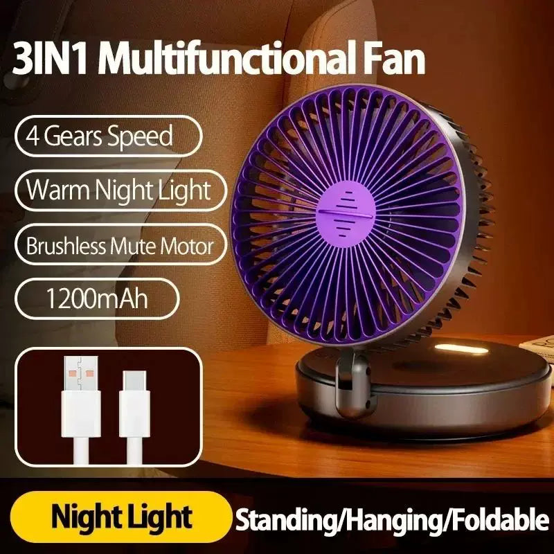 Unisex Einheitsgröße kompakt faltbarer wiederaufladbarer USB Typ C Schreibtischventilator mit verstellbarem Neigungswinkel und integrierter LED-Nachtlampe Brehn