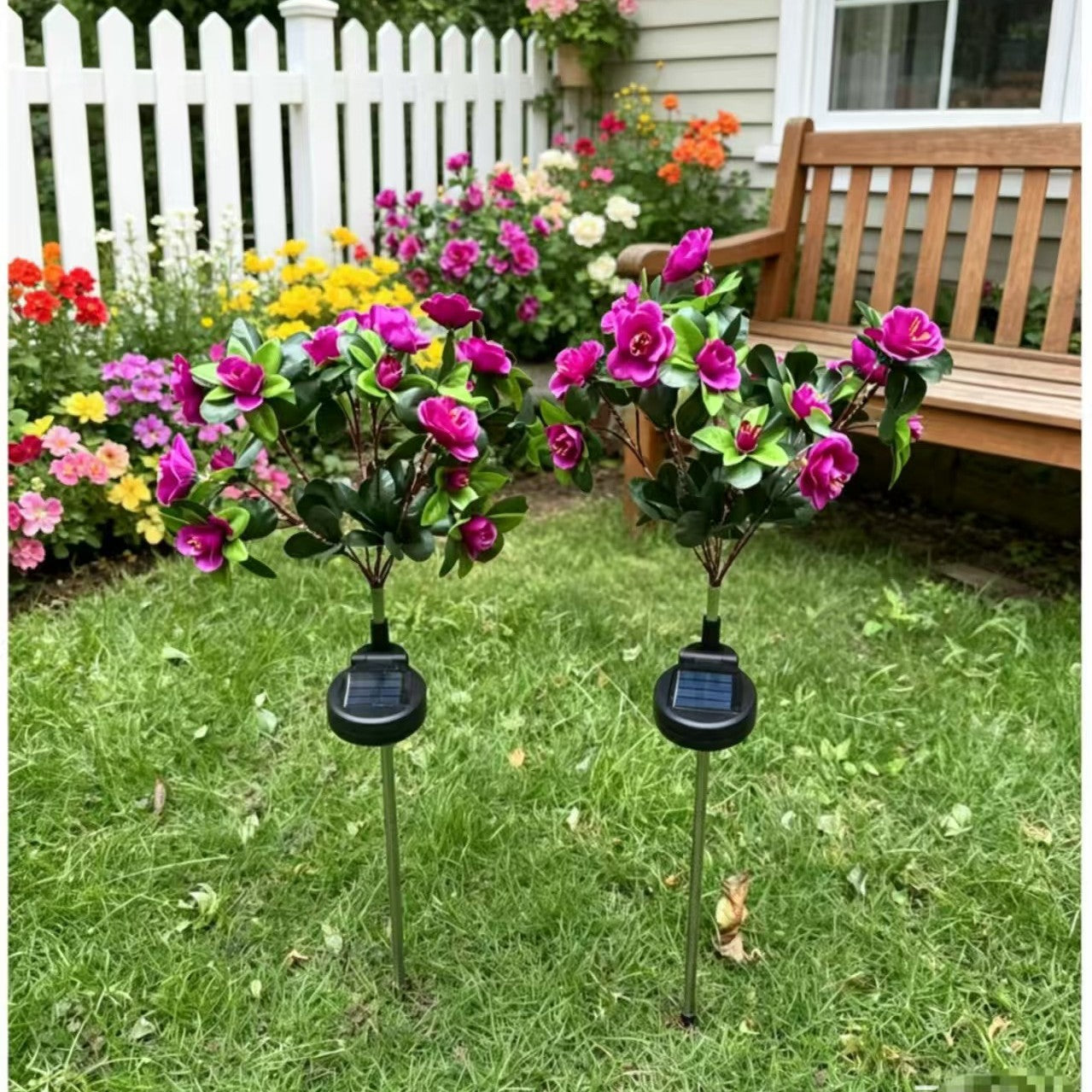 Solarbetriebene realistische Kamellien Blumen Gartenstecklichter mit verstellbaren LED-Köpfen und Edelstahlspike Brehn