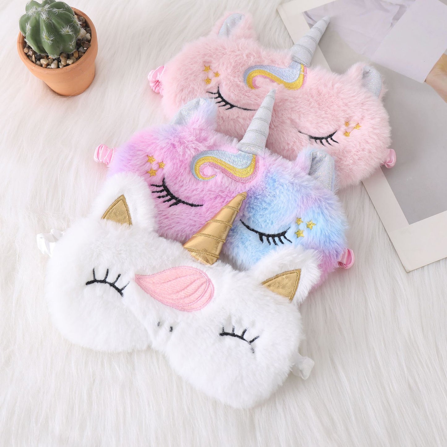 Damen nan kuschelige Einhorn-Schlafmaske mit gestickten Wimpern, weichem Plüsch und elastischem Rüschenband Brehn