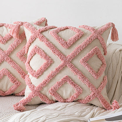 Quadratischer Boho-Zierkissenbezug mit handgetuftetem Bogenrelief, Baumwoll‑Leinen‑Mix und Eckquasten Brehn