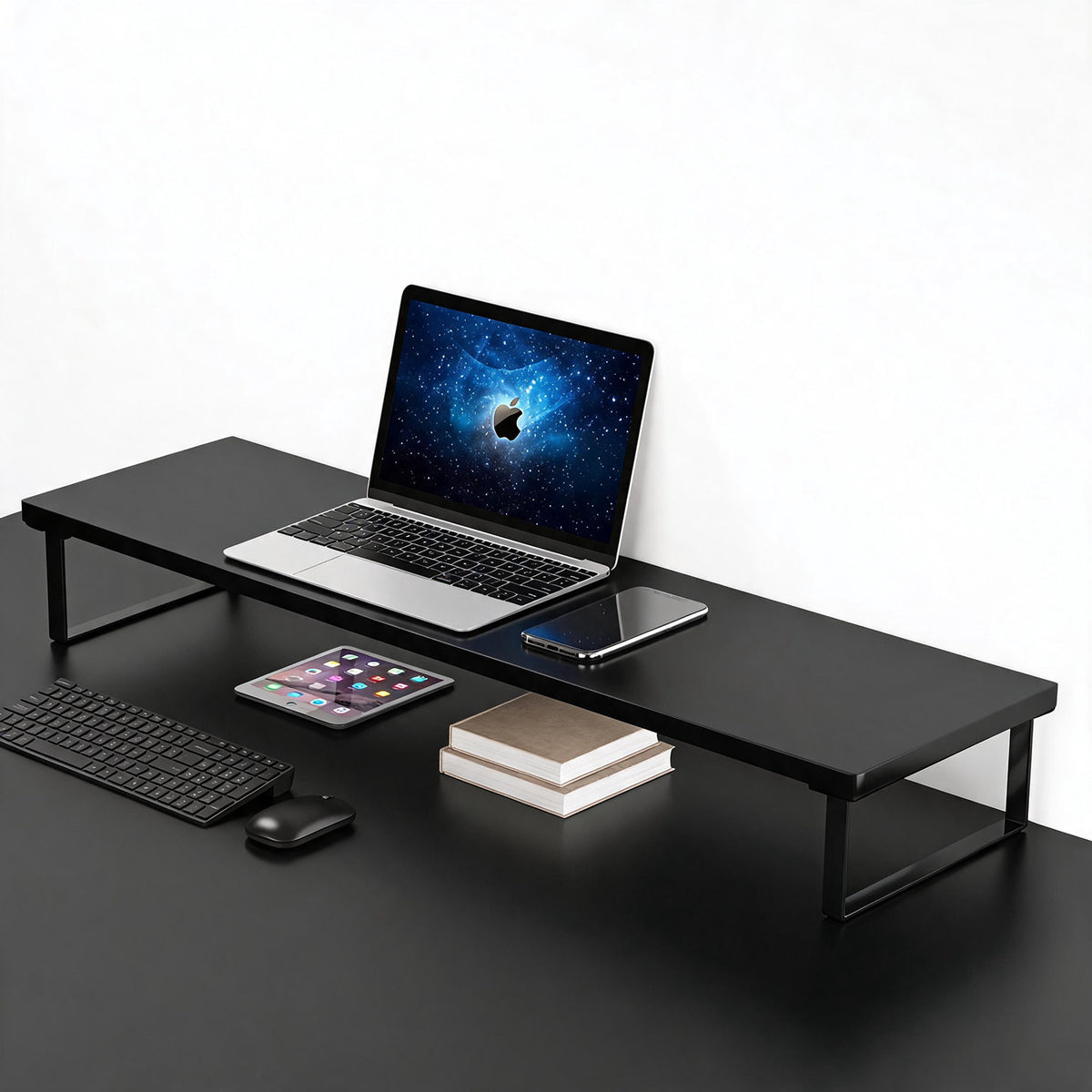 Erhöhter Monitorständer mit Holz-Optik-Oberfläche, Metallrahmen und Unterregal-Stauraum