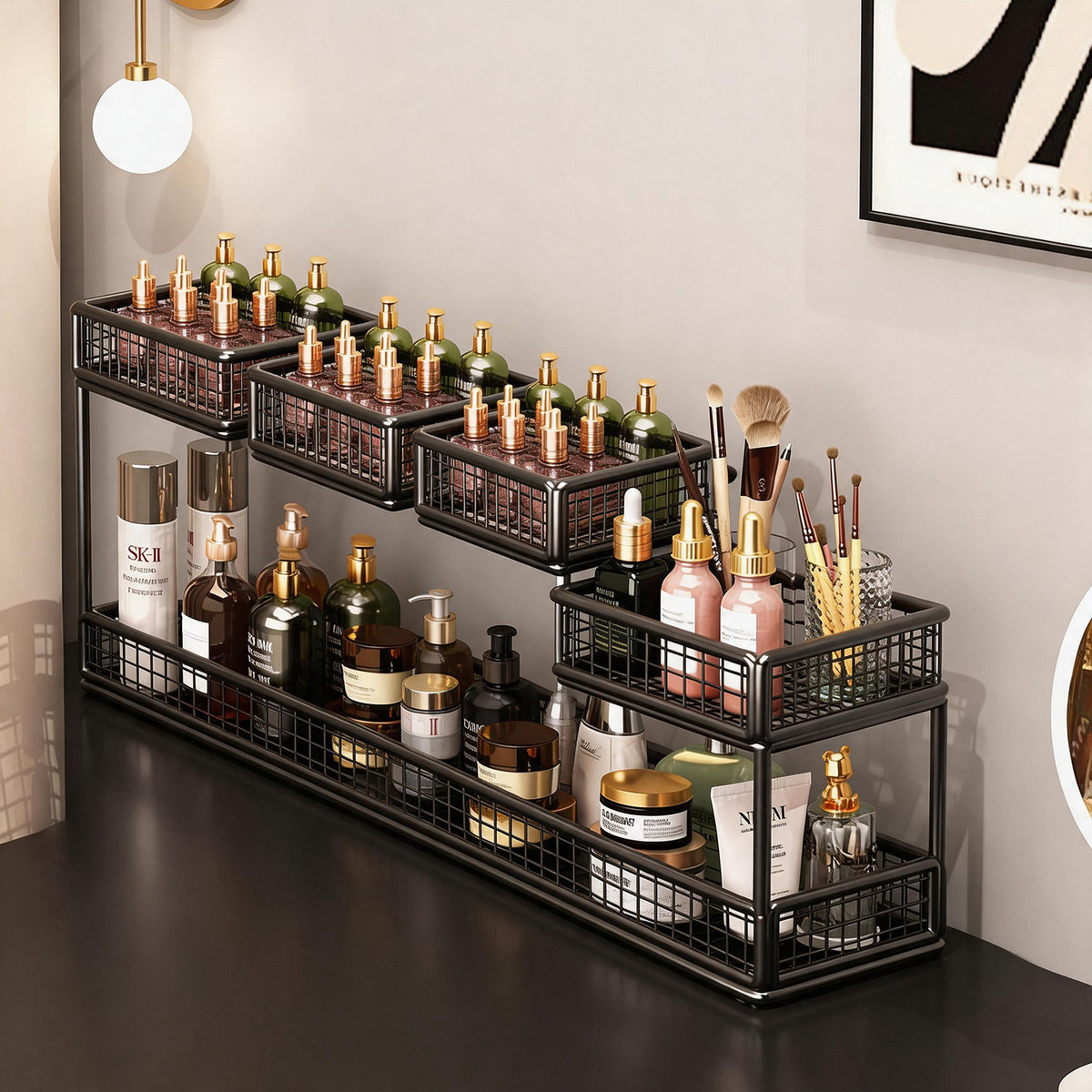 Multi-Tier Metallnetz Kosmetikorganizer mit Taschentuchhalter und verstellbaren Regalen