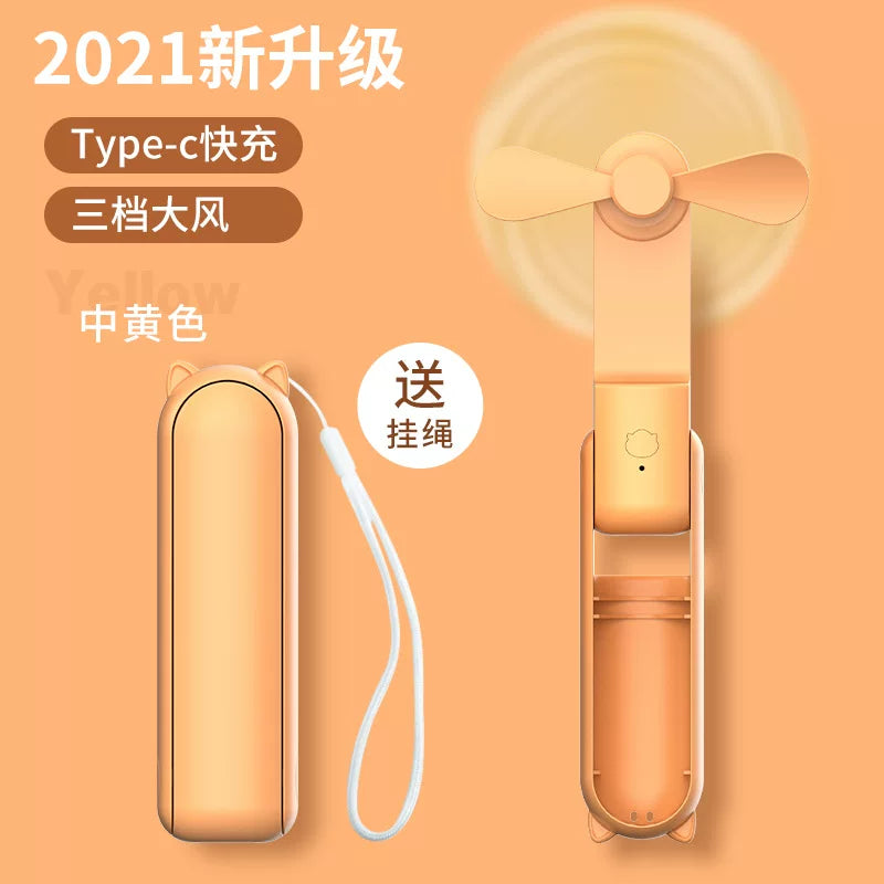 Unisex Einheitsgröße faltbarer wiederaufladbarer Dreifach-Handheld-Mini-Ventilator mit integriertem Powerbank USB-C und USB-A Anschlüssen sowie Handgelenksschlaufe Brehn
