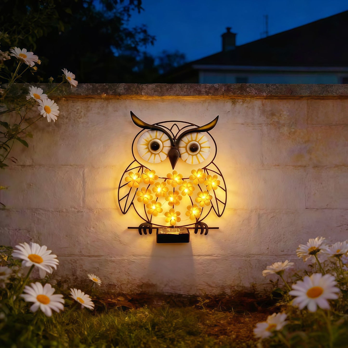 Metall Eule Wandkunst mit solarbetriebenen LED-Blumenlichtern und Eisenrahmen Brehn