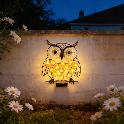Metall Eule Wandkunst mit solarbetriebenen LED-Blumenlichtern und Eisenrahmen Brehn