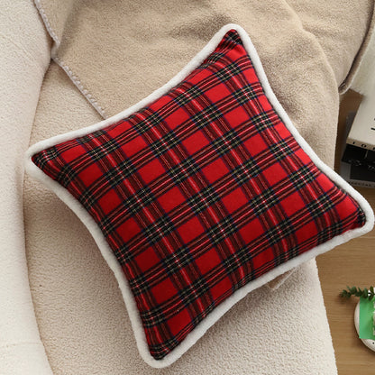 Quadratischer Kissenbezug mit kariertem Flanell und Sherpa‑Keder Brehn