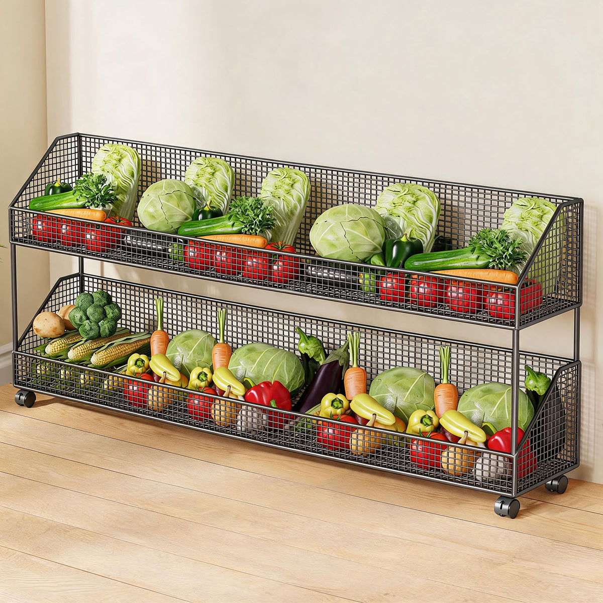 Zwei-Stufiges Mesh-Rollwagen Küche Obstlagerwagen