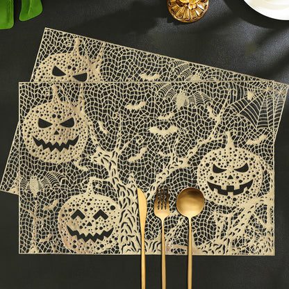 Halloween-Tischsets aus Kunststoff mit filigranem Kürbis- und Spinnennetz-Motiv