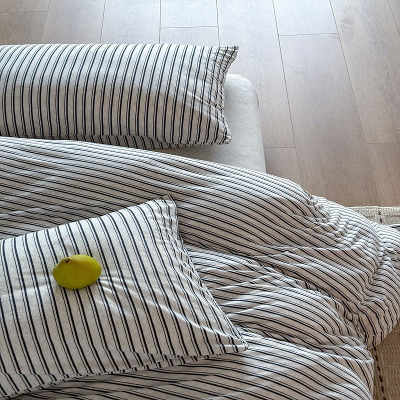 Entspannt-Stripe Gewaschenes Baumwoll-Leinen Bettdeckenbezug-Set mit Verstecktem Verschluss & Kissenbezügen
