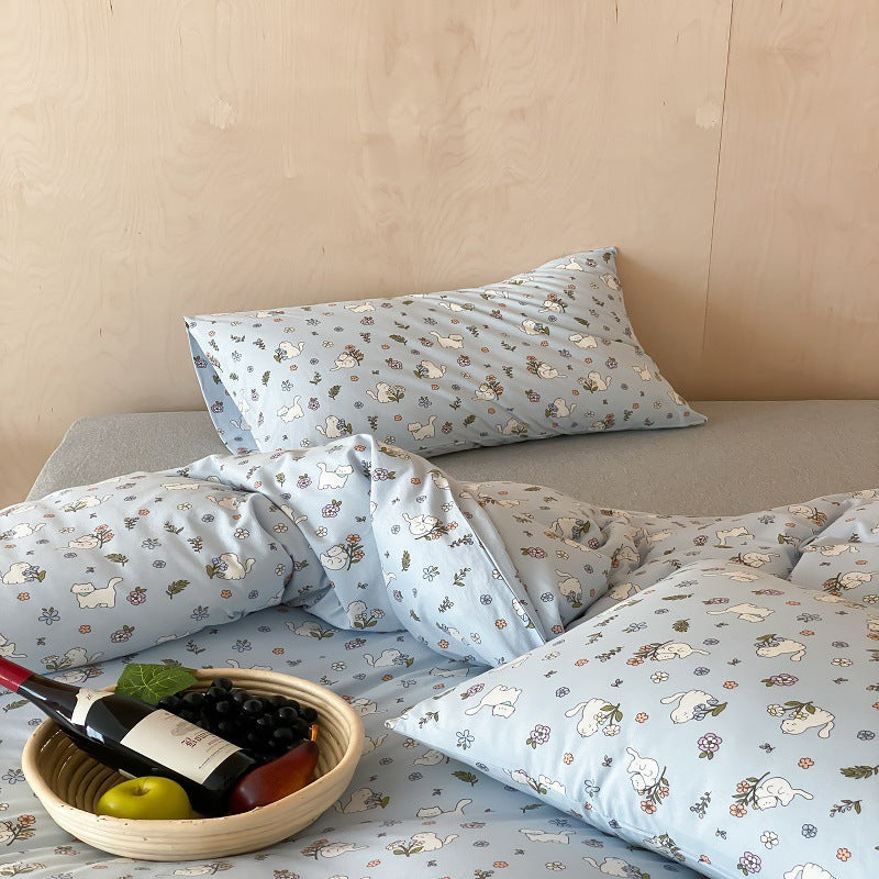 Umkehrbare Baumwoll-Percale Bettwäsche und Kissenbezug Set mit verspieltem Welpen Blumenmuster