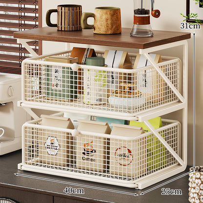 Küchenarbeitsplatte Kaffee Station Organizer mit Holzoberfläche und Metalldrahtkorb