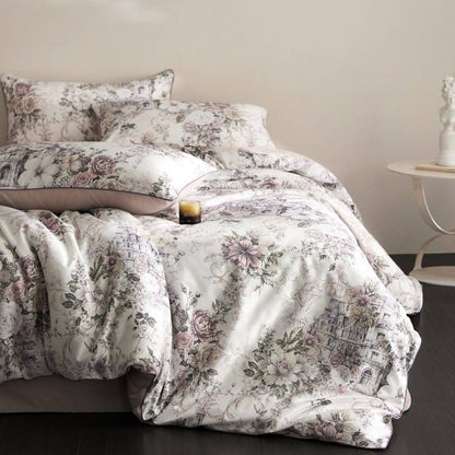 Blumen Satin-Feel Bettdeckenbezug-Set mit Oxford-Kissenbezügen