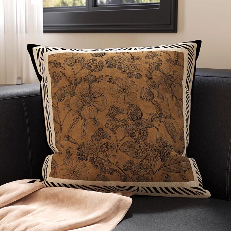 Botanical Sketch Velvet Square Throw Pillow Cover with Zebra-Trim Hidden Zipper
