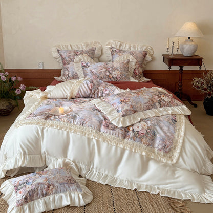 Vintage Floral Jacquard Bettwäsche Set mit Rüschensatinbesatz und Spitzenpaneel