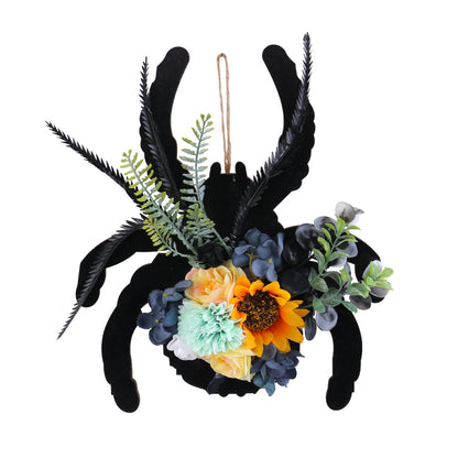 Hängende Halloween-Spinnen-Wanddekoration aus Holz mit kunstlichen Blumen