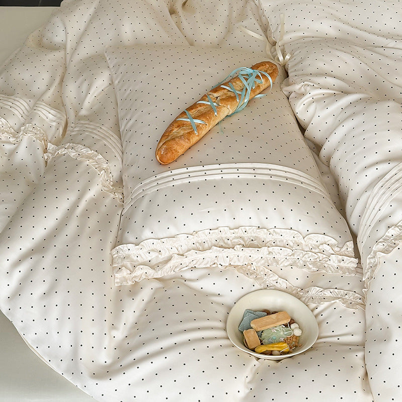 Punkte-Baumwoll-Satin Bettwäsche-Set mit Rüschenschlafkissen