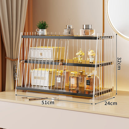 Mehrerebenen-Acryl-Parfüm- und Make-up-Displayregal mit schiebbaren Türchen mit goldenen Verzierungen