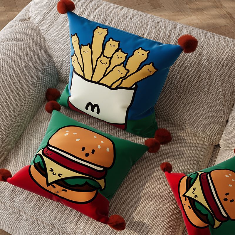 Decorative Cartoon Fries-Cats Square Throw Pillow Cover with Pom-Pom Tassel Corners