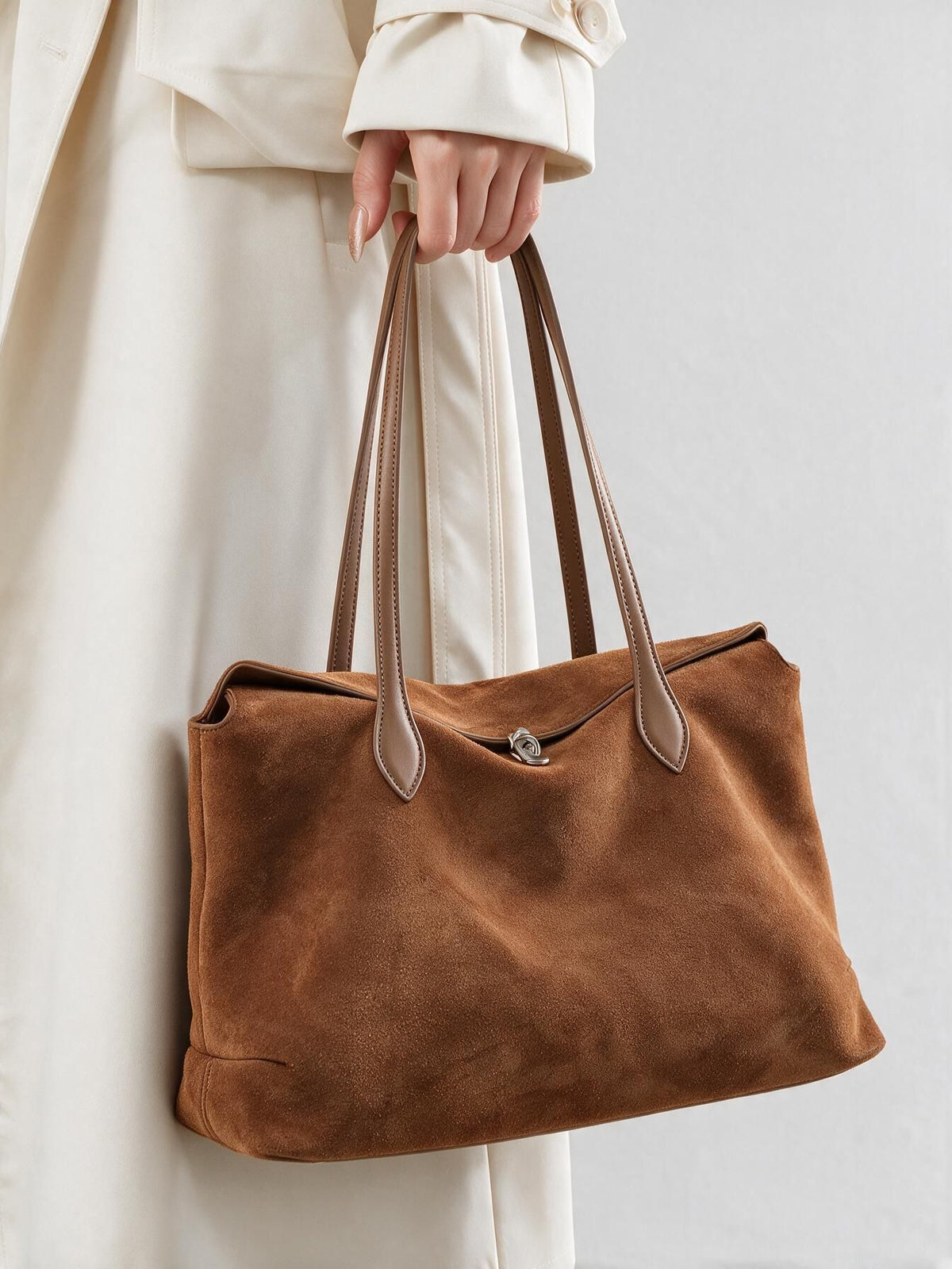 Wildleder Übersized Schlappige Tote-Tasche mit doppelten Ledergriffen