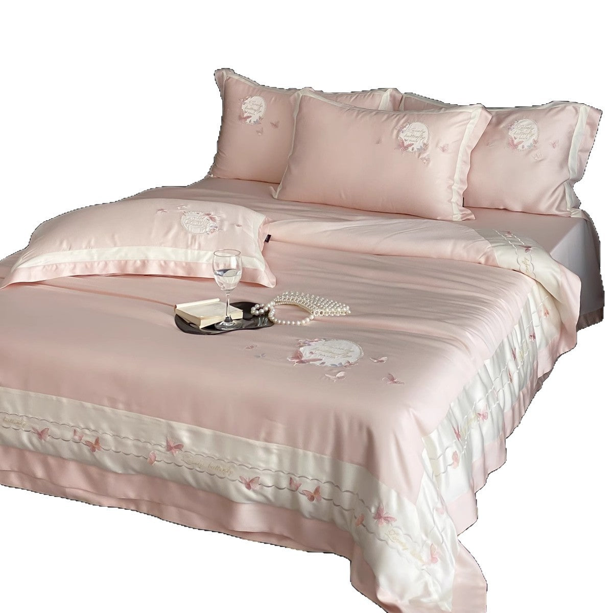 Bestickte Satin-Feel Schmetterlings Bettbezug Bettwäsche Set