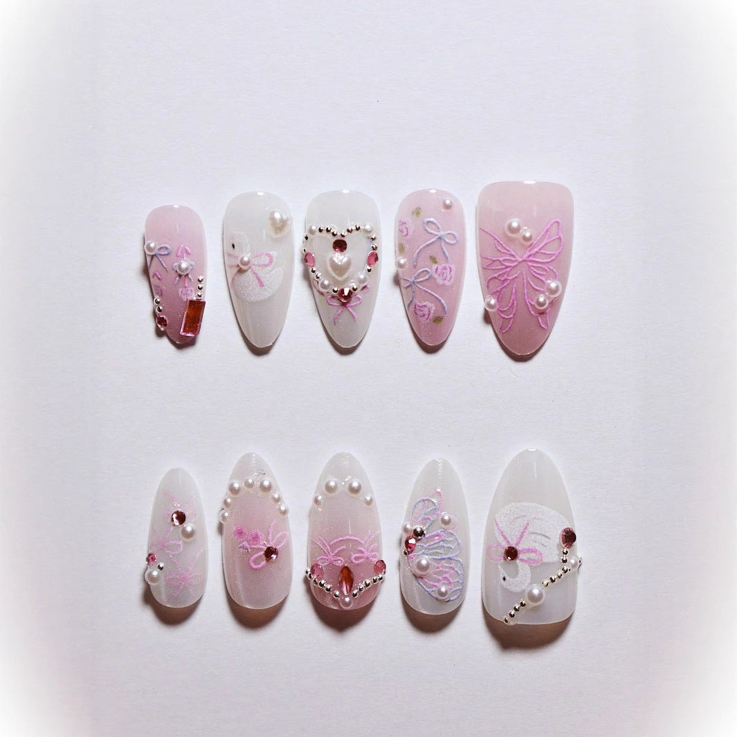 Dekorative 3D Schleife und Perle Press-On Nagelkunst Brehn