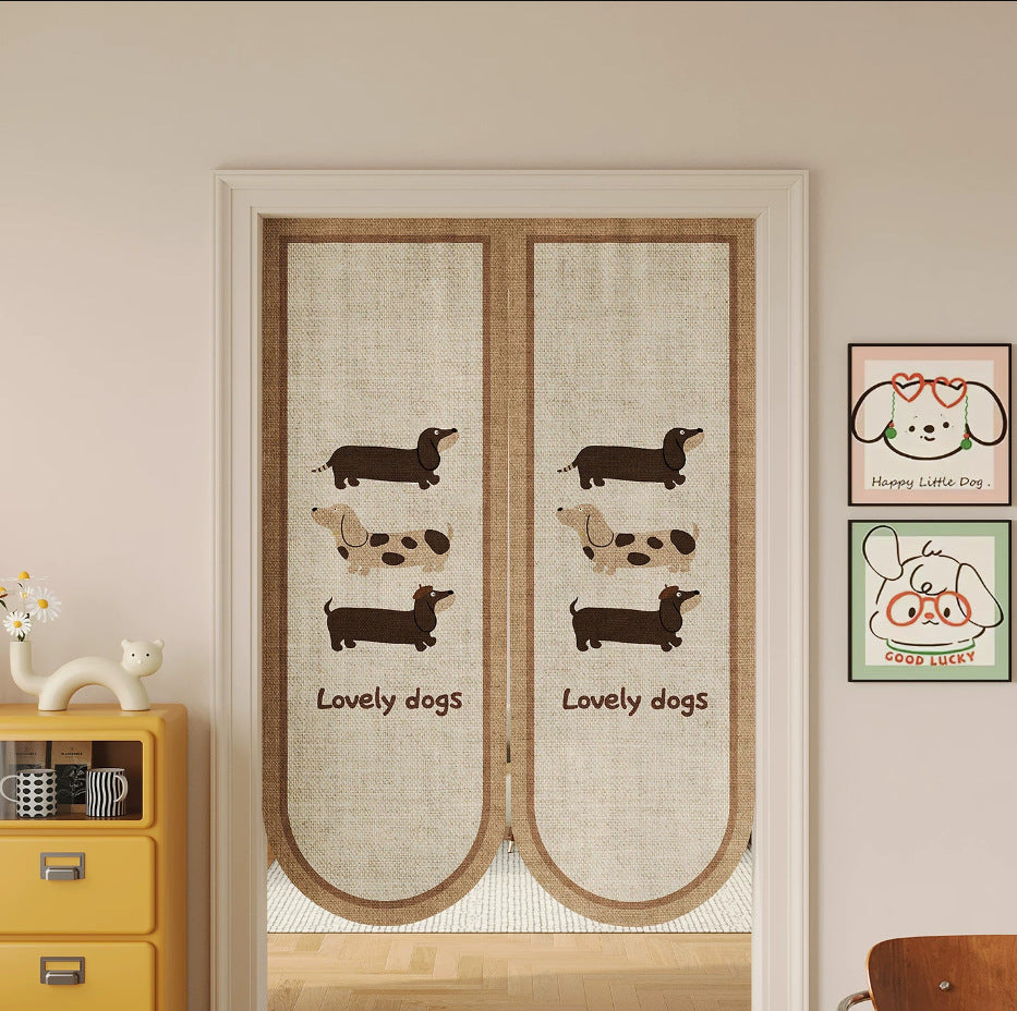 Split Noren Door Curtain Linen-Blend Dachshund Pattern Privacy Panel