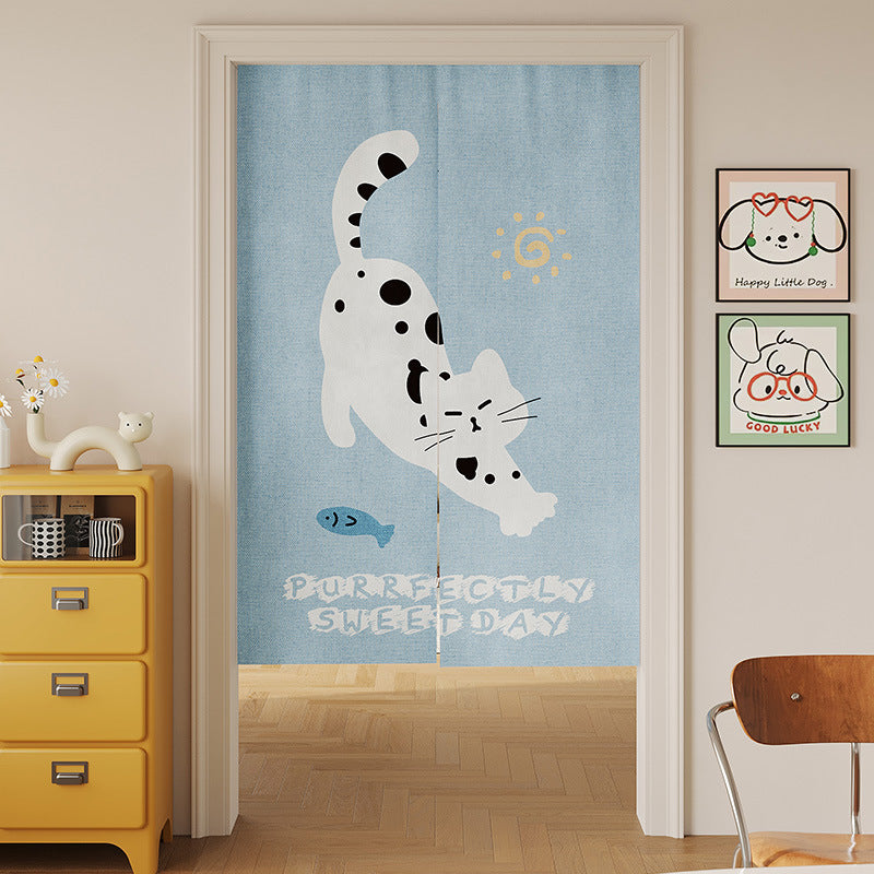 Split Noren Doorway Curtain with Cat-on-Sofa Illustration and Playful Yarn Motif