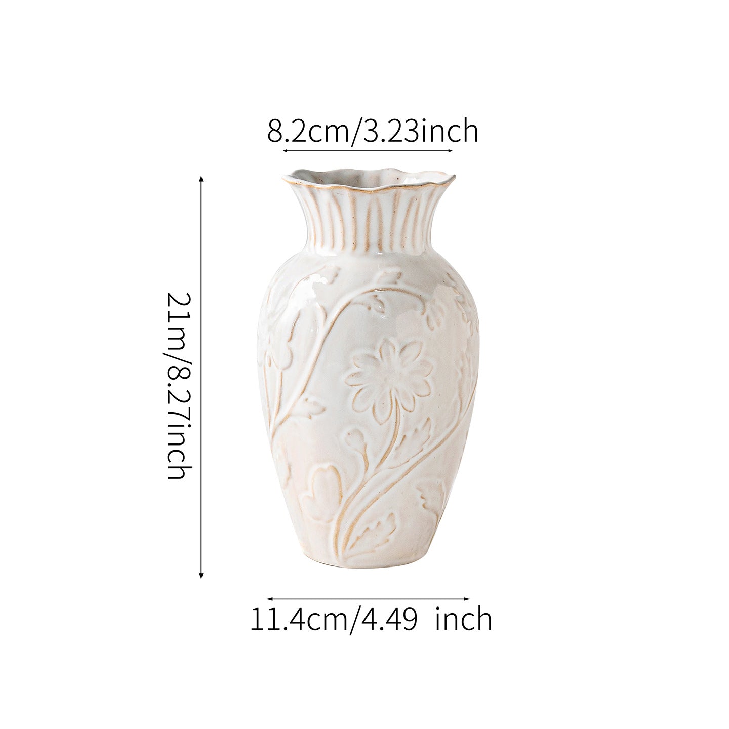 Dekorative gravierte Blumenmuster Keramik Knospenvase mit gewelltem Rand
