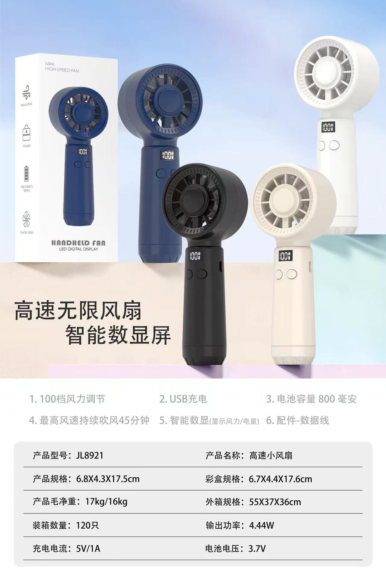 Unisex Tragbarer Handventilator mit digitaler Anzeige und mehreren Geschwindigkeitsstufen Brehn