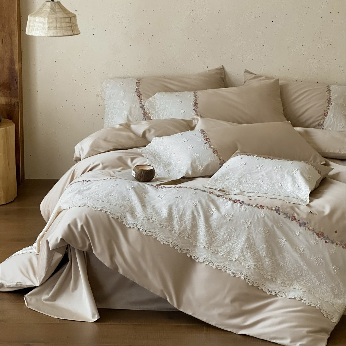 Bestickte Spitze Baumwoll-Satin Bettbezug Set