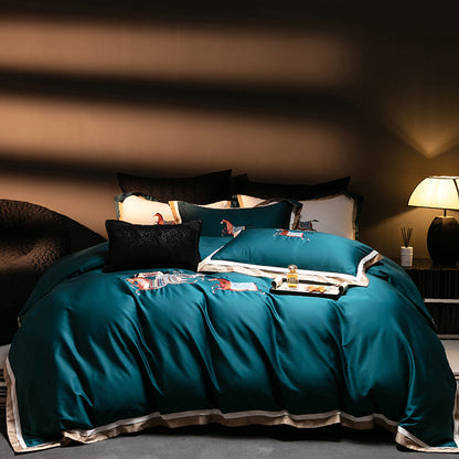 Luxus Satin bestickte Bettbezugset mit Pferdemotiv