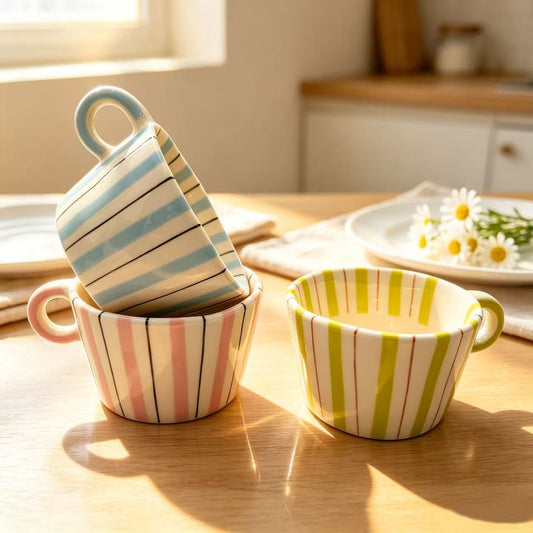 Keramik-Kaffeetasse mit ergonomischem Rundgriff und feiner Streifenstruktur