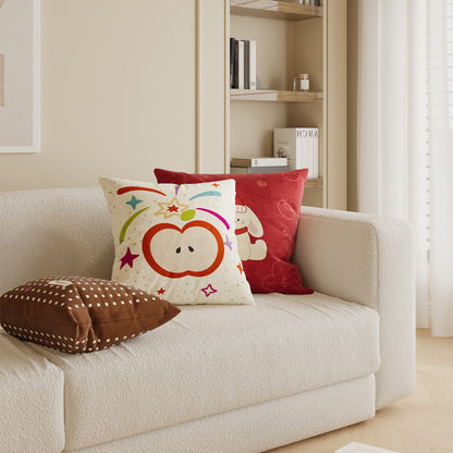 Square Cotton-Linen Throw Pillow Cover with Checkered Grid and Speech-Bubble Heart Graphics
