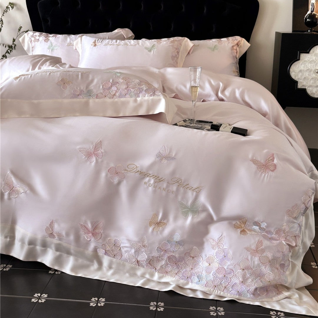 Seidiger Satin bestickter Schmetterling Bettbezug & Kissenbezug Set