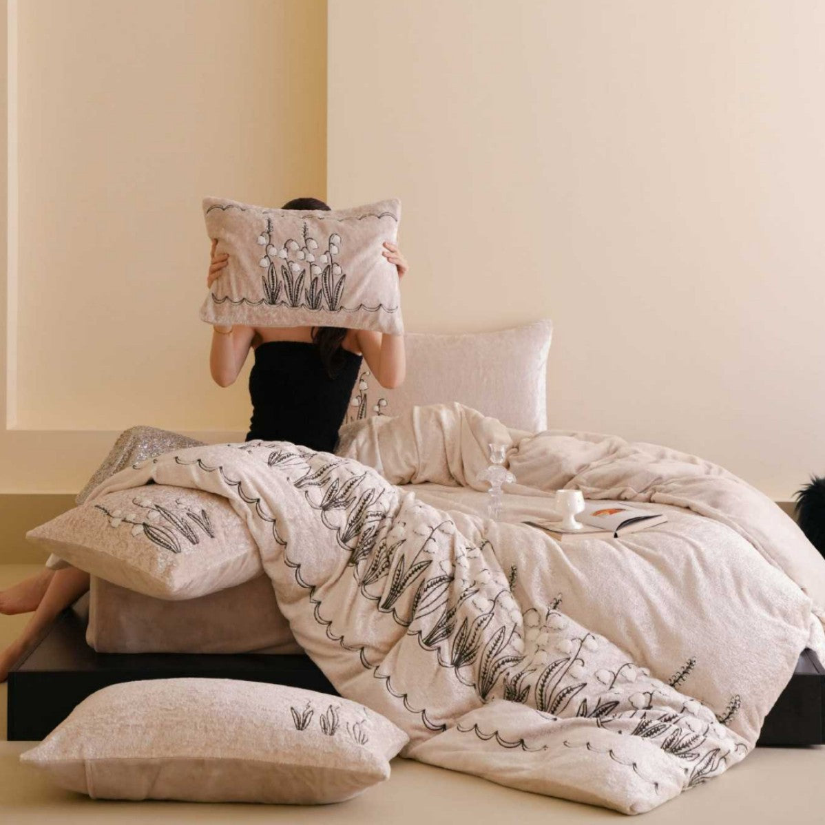 Bestickte Leinenmischung Plüsch Bettwäsche & Kissenbezug Set