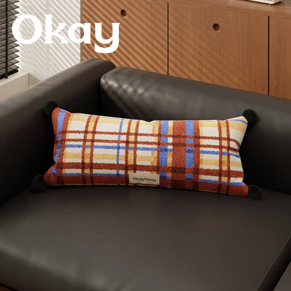 Rectangular Plaid Pom-Pom Lumbar Pillow Cover