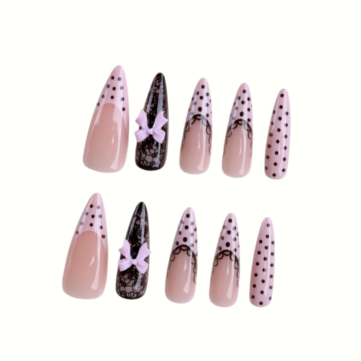 Elegante Stiletto Press-On Nagelset mit Spitzen- und Schleifenmuster Brehn