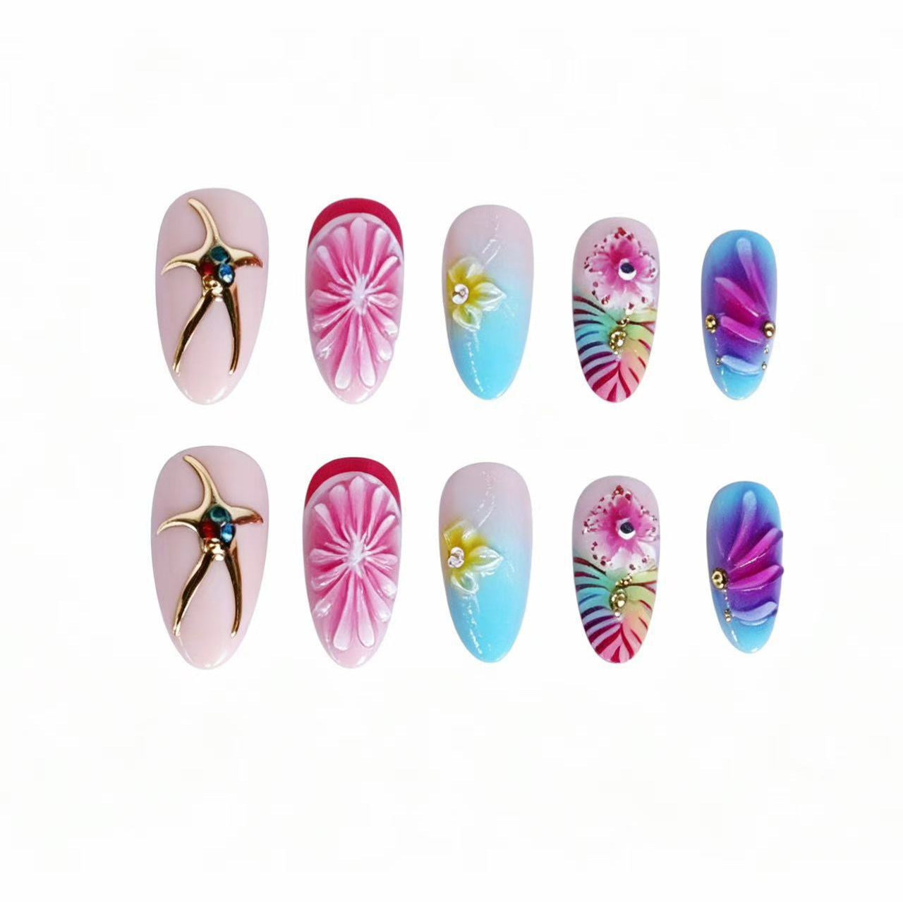 Künstlerisches Press-On Nail Set mit floralem 3D-Design Brehn