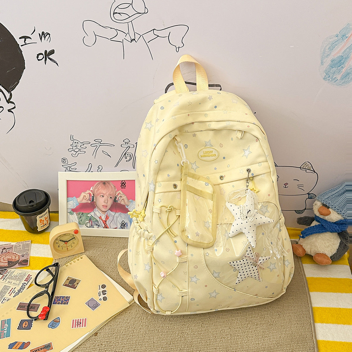 Stylische Multi-Taschen Stern-Applikation Rucksack Brehn
