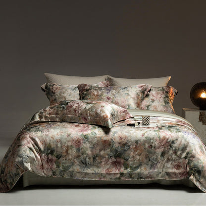 Florales Satin-Effekt Luxus Bettbezug-Set mit wendbarem Seiden-ähnlichem Finish und Oxford-Kissenbezügen