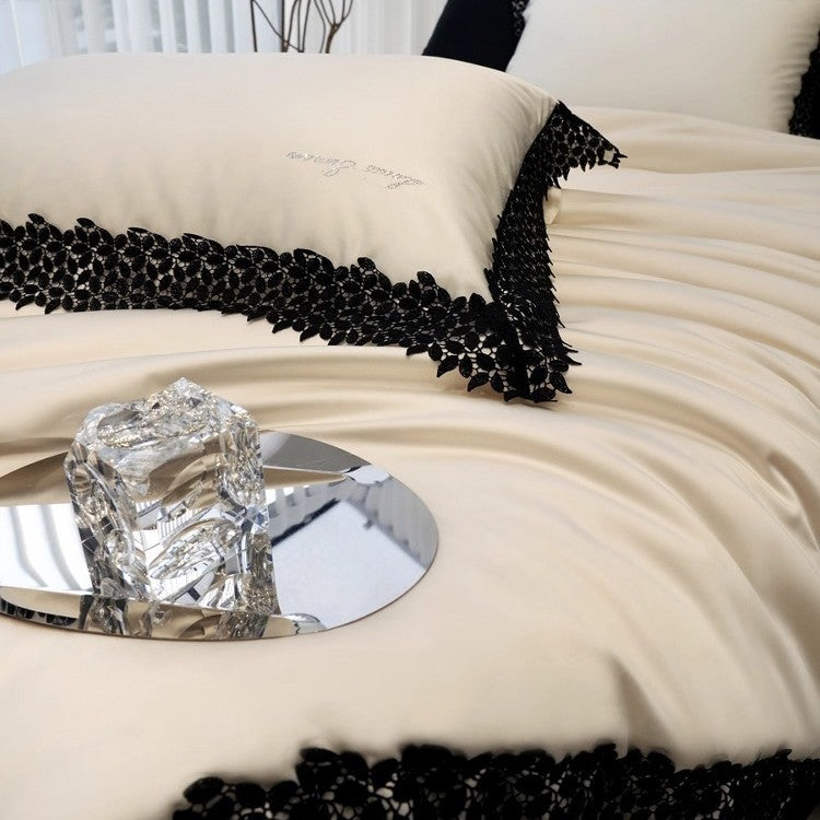 Luxus Baumwoll-Satin Bettbezug Set mit Spitze Applikation und gewelltem Rand