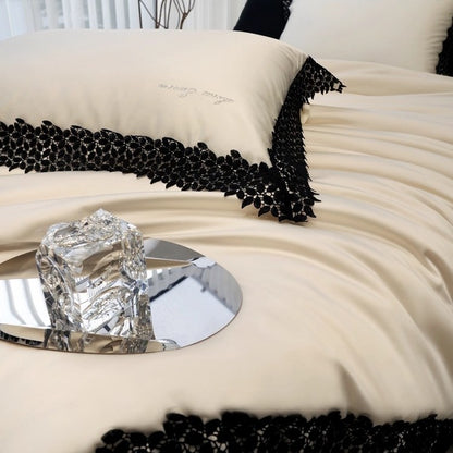 Luxus Baumwoll-Satin Bettbezug Set mit Spitze Applikation und gewelltem Rand